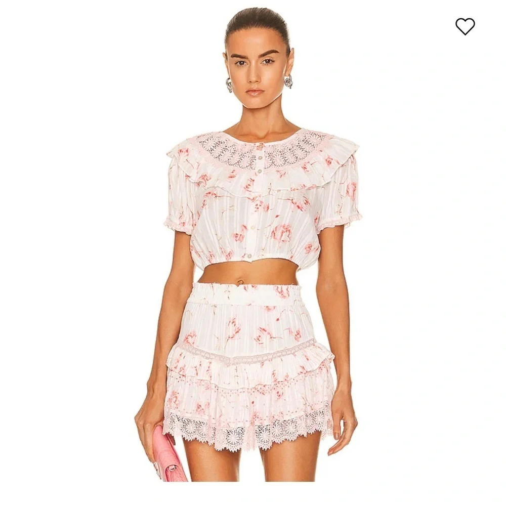 NWT LoveShackFancy Elania Crop Top Pink White Floral Print Women's Size Large